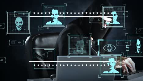 multiple changing profile icons with data processing against caucasian male hacker using a computer