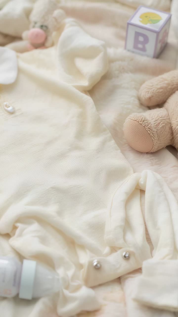 Video verticale: camera che effettua una panoramica rivelando una tutina color crema su una coperta per culla, mostrando un agnellino di peluche e un blocco