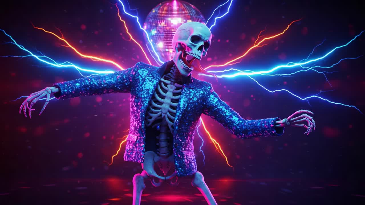 A lively skeleton performs in a dazzling blue sequined jacket, surrounded by vibrant electric lights and a shimmering disco ball, creating a dynamic party atmosphere