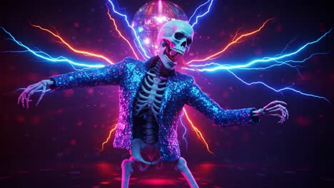 a lively skeleton performs in a dazzling blue sequined jacket, surrounded by vibrant electric lights and a shimmering disco ball, creating a dynamic party atmosphere