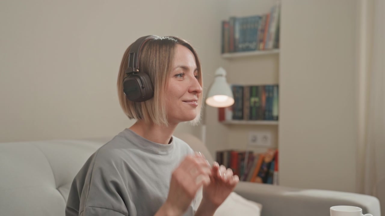 Donna che si rilassa con brani musicali. Donna calma immersa in melodie rilassanti e materiali di lettura. Donna tranquilla che si gode le sue melodie preferite circondata da letteratura e un'atmosfera rilassante