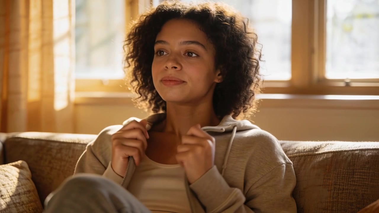 Pulling hoodie, woman adjusting on sofa at home as daylight filtering through glass for comfort