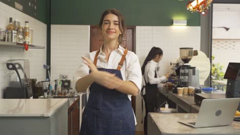 portrait of smiling happy young middle east woman waitress wearing apron standing with crossed arms, cafe cashier waitress at the coffee shop. people lifestyle. business service.
