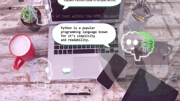 Animation of ai chat and globe over laptop, smartphone and tablet
