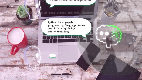 animación de ai chat y globo sobre portátil, teléfono inteligente y tableta