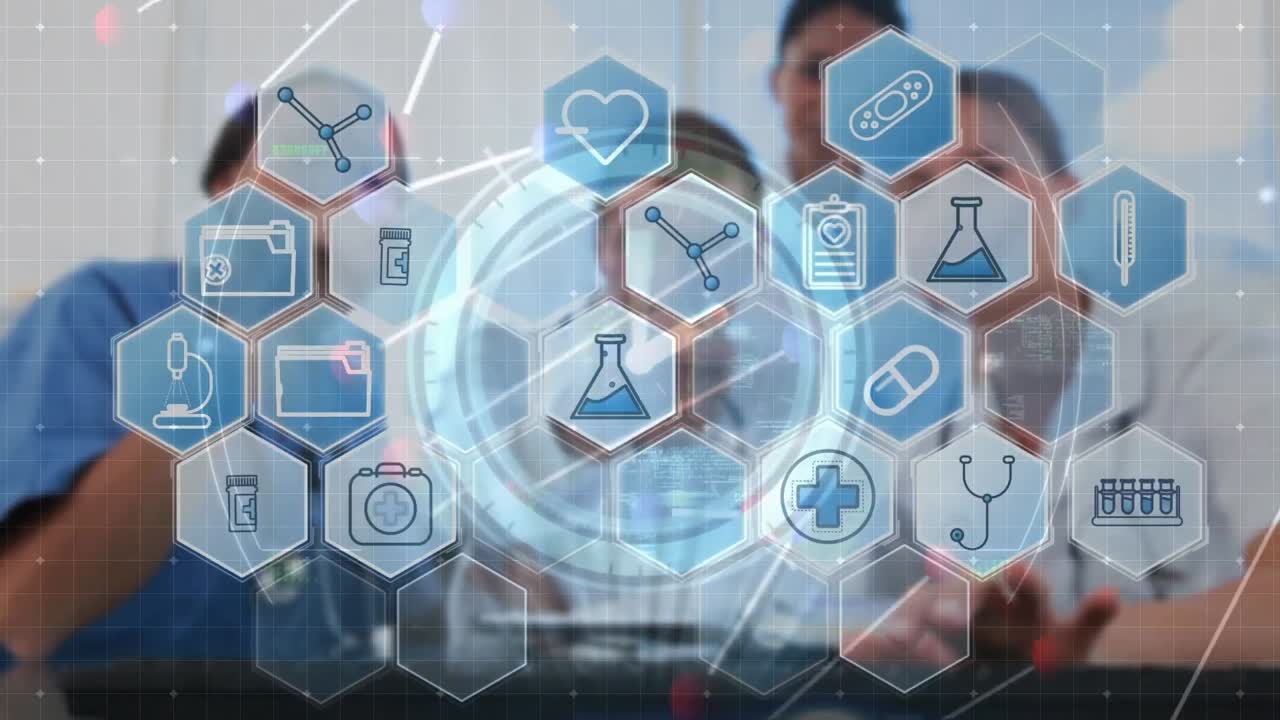 다양한 의사들에 대한 의료 아이콘 및 데이터 처리 네트워크의 애니메이션