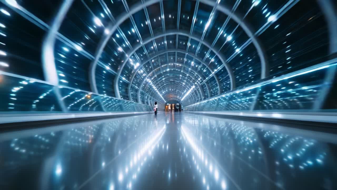An Ethereal Journey Through a Futuristic, Illuminated Tunnel of Glass and Steel, Where Reflections Dance on the Smooth Surface as People Pass by, Creating a Mesmerizing Display of Light and Movement
