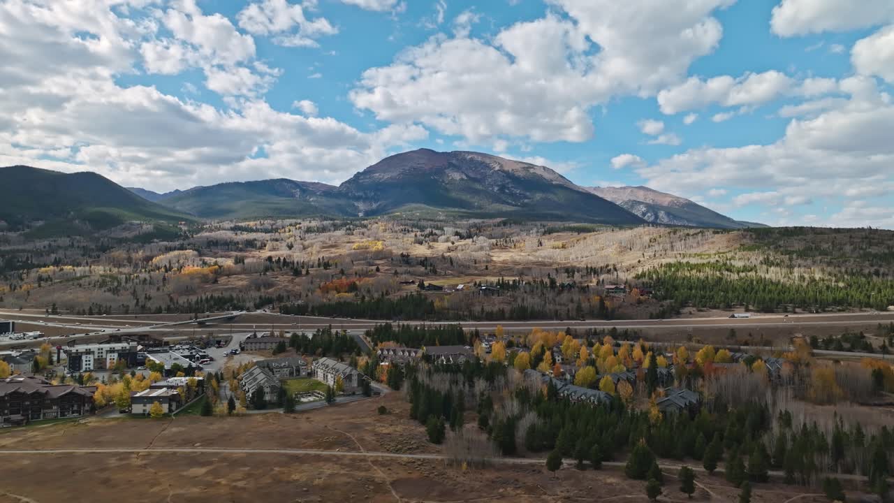 Aerial panoramic dolly of rugged mountain landscape and calm water with blue sky and clouds in Frisco Colorado