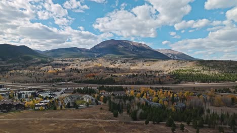 aerial panoramic dolly of rugged mountain landscape and calm water with blue sky and clouds in frisco colorado