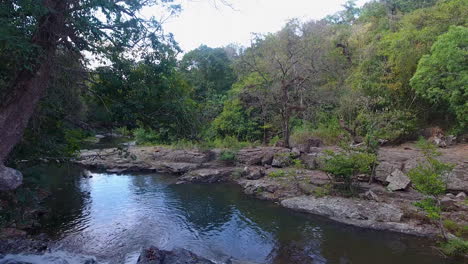 jungle-scene-in-Sumbawa,-Indonesia,-calm-river-clean-water-in-scenery-wild-nauture-landscape