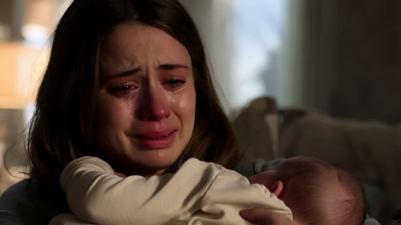 Woman Crying While Holding a Baby