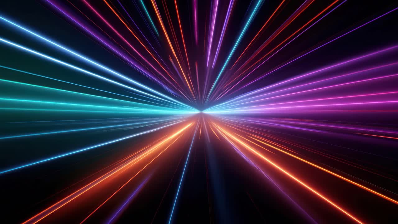 Dynamic video concept with vibrant neon light beams converging from a central point