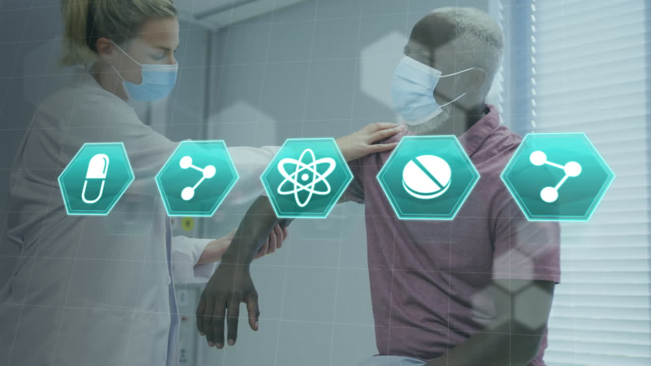 백인 의사 가면을 쓰고 남성 환자를 치료하는 의료 아이콘의 애니메이션