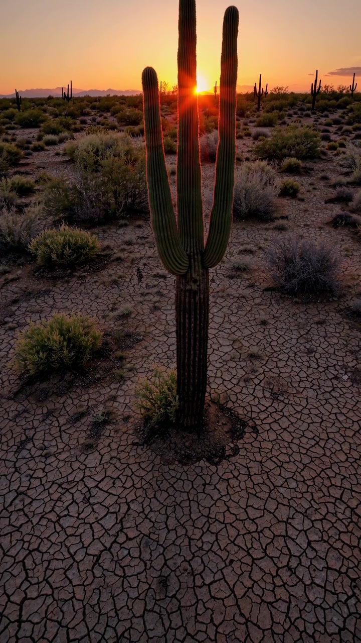 Cactus Saguaro su terreno desertico screpolato al tramonto