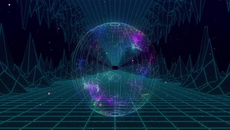 animación del globo sobre montañas digitales sobre fondo negro.