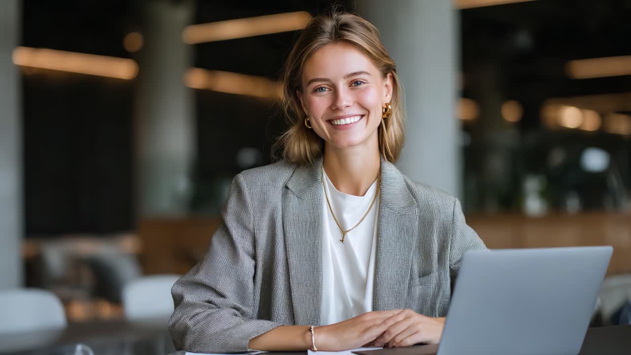 Una giovane professionista sorridente e sicura di sé alla scrivania con un laptop, che trasmette positività e preparazione in un moderno ambiente di lavoro