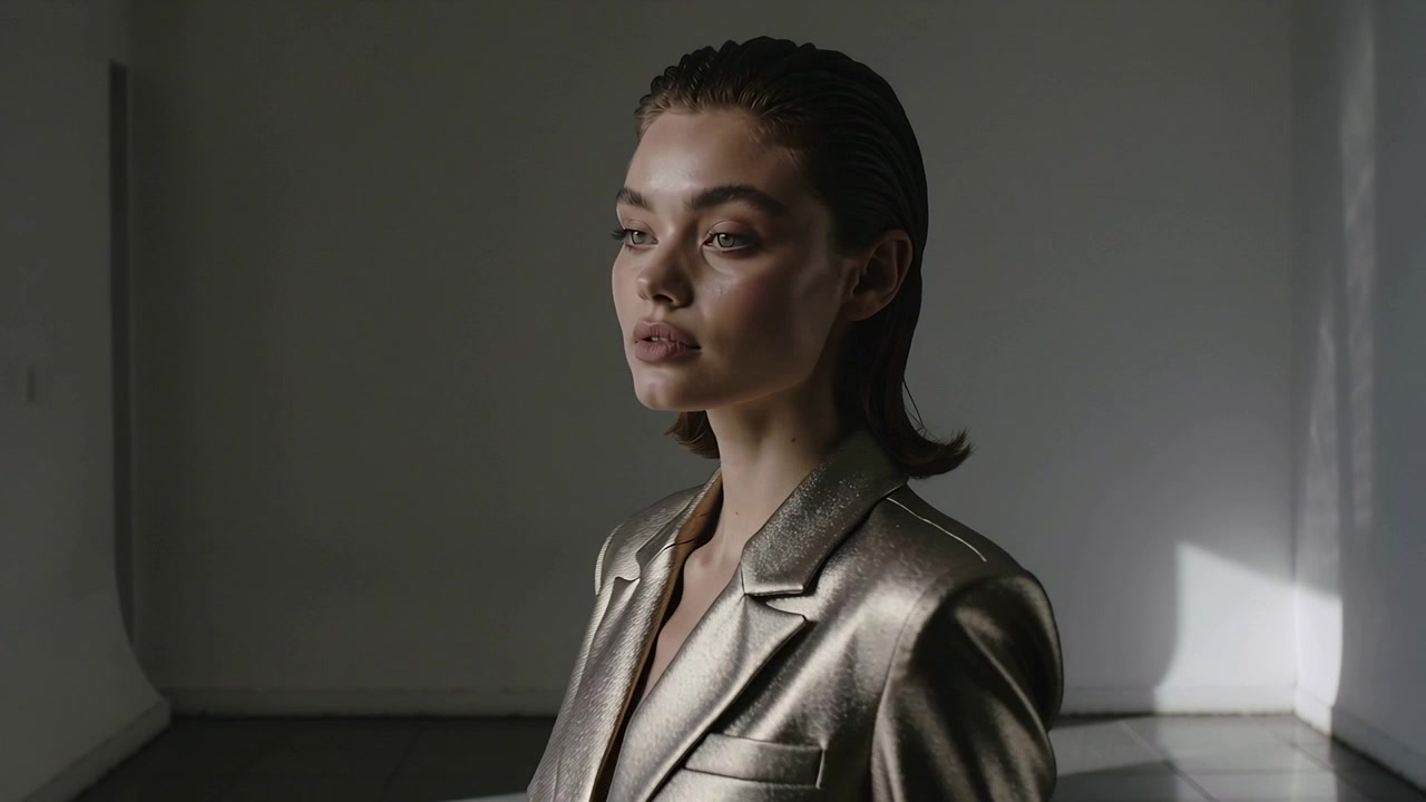 Turning to off-camera cue, model shifting gaze right in studio, wearing gold blazer for portrait