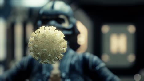 woman in protective medical mask on her face looking at covid-19 coronavirus