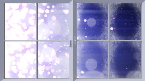 animation of window over snow falling and light spots at christmas