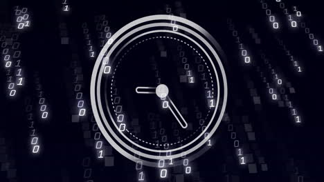 animación de reloj en movimiento sobre procesamiento de datos en fondo negro