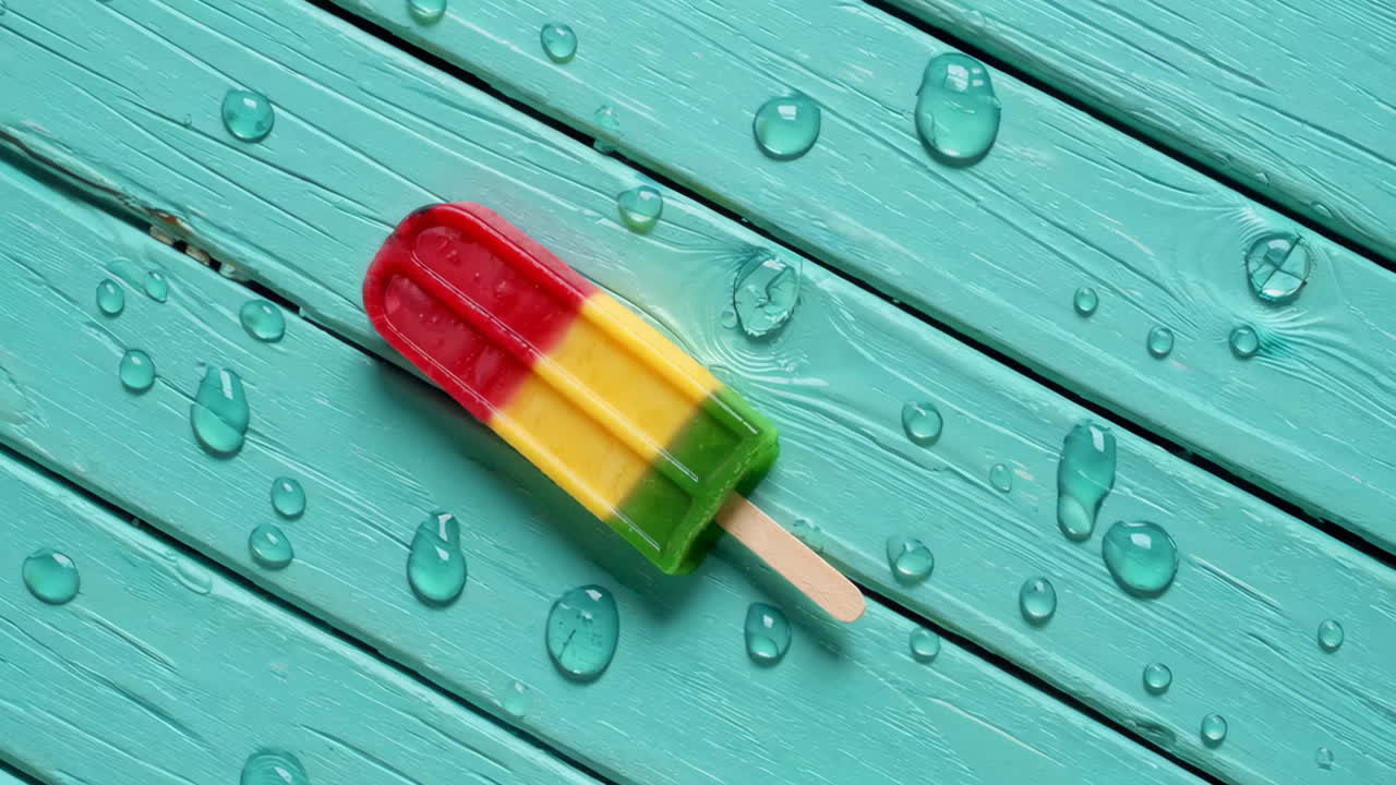 Colorful Popsicle on Wet Blue Wood