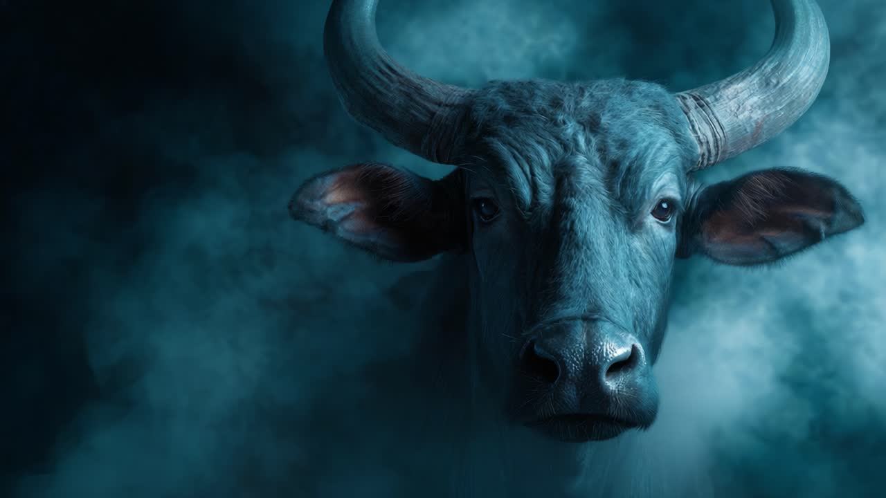 A Majestic Bull Stands Proudly Amidst Ethereal Fog, Capturing the Strength and Beauty of Nature in a Mystical Moment