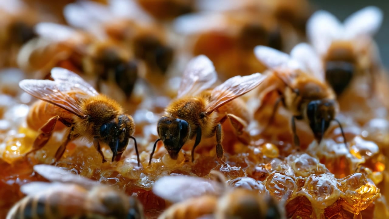 A Close-Up Look at Busy Honey Bees Collecting Nectar and Producing Honey on a Honeycomb, Showcasing Their Intricate Work and Community Efforts in Nature