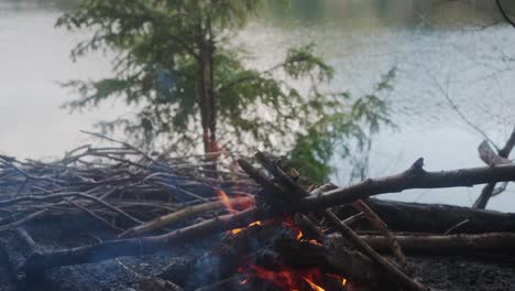 orange flames from wood sticks at campfire with pan up reveal beside river