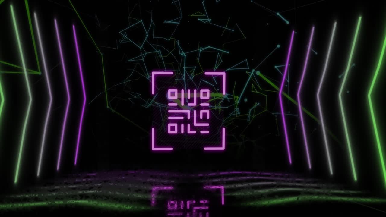 animación del código qr sobre formas de neón y redes de conexiones sobre fondo negro