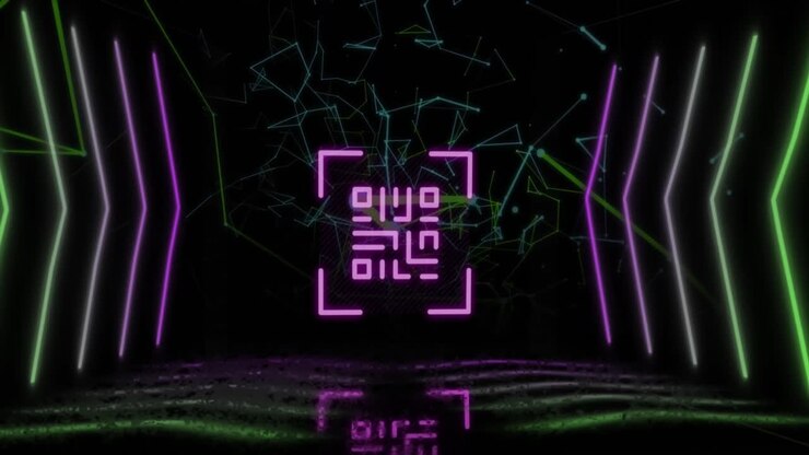 Animation of qr code over neon shapes and networks of connections on black background