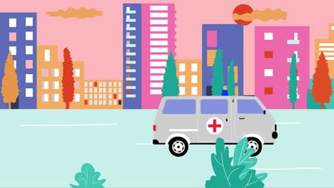 ambulance past by empty streets in city during summer sunset. outbreak coronavirus in city. cartoon animation, flat design, loop 4k