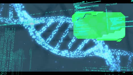 animación del procesamiento de datos con pantallas verdes sobre el hilado de cadenas de adn en 3d