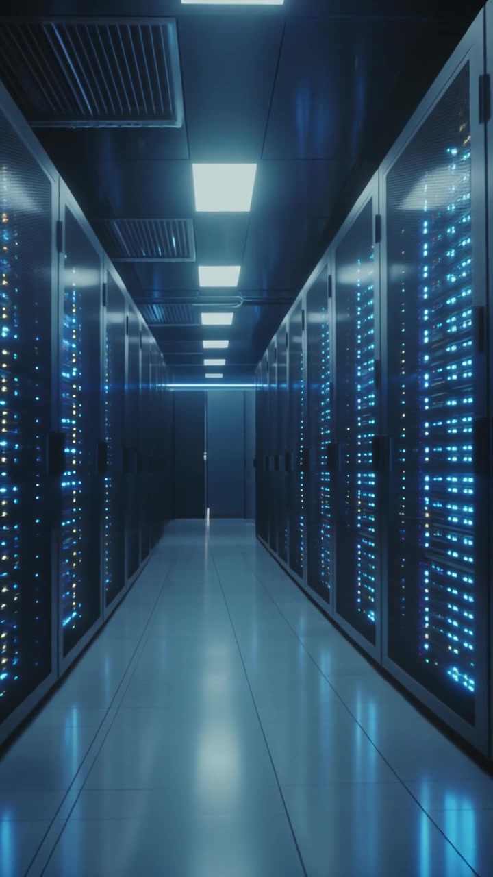 Luminoso corridoio di un data center fiancheggiato da armadi server con luci LED blu e pavimento bianco riflettente