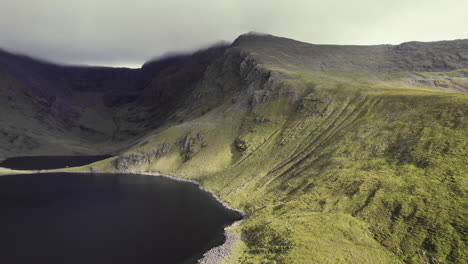 Beautiful-aerial-of-irish-highland-grass-covered-mountains