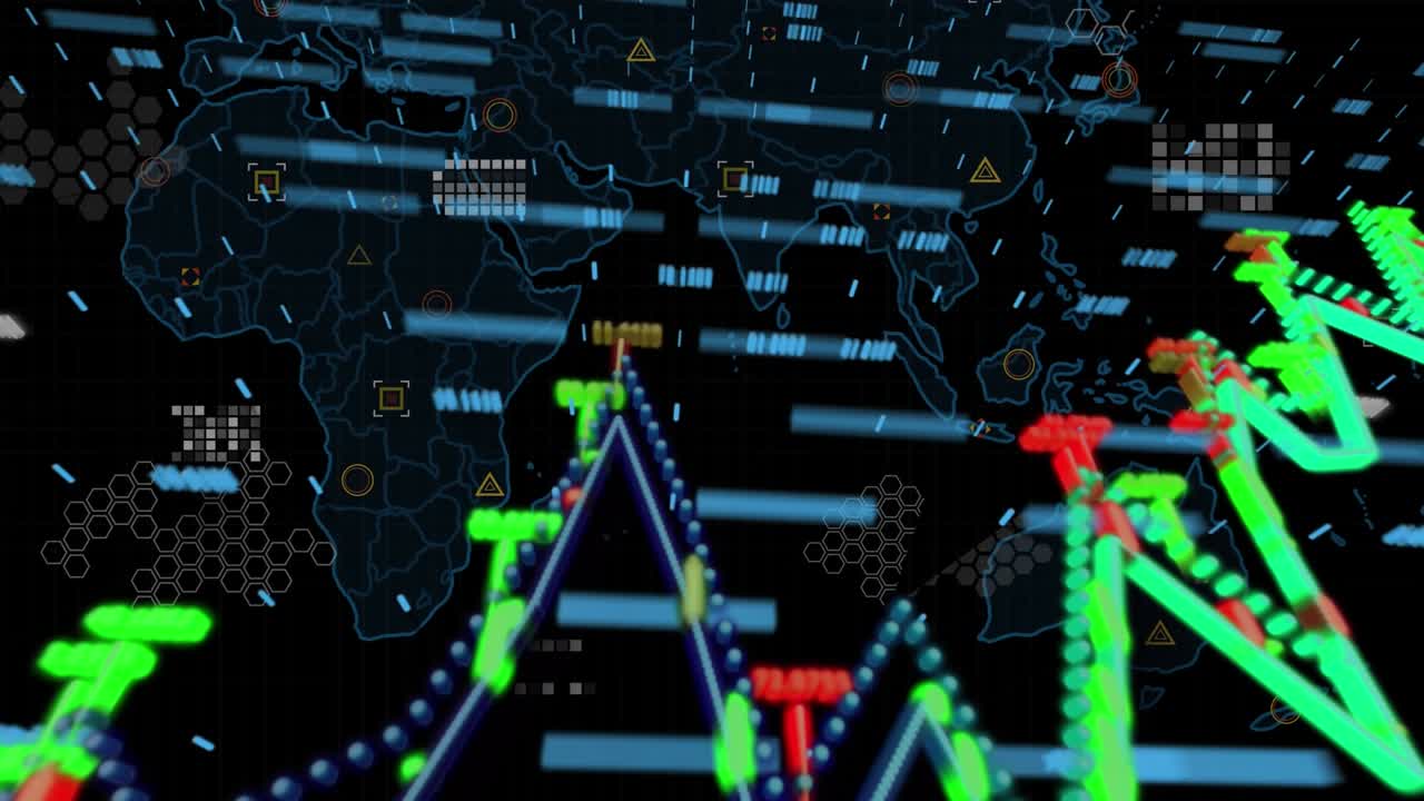 Animation of data processing with world map over black background