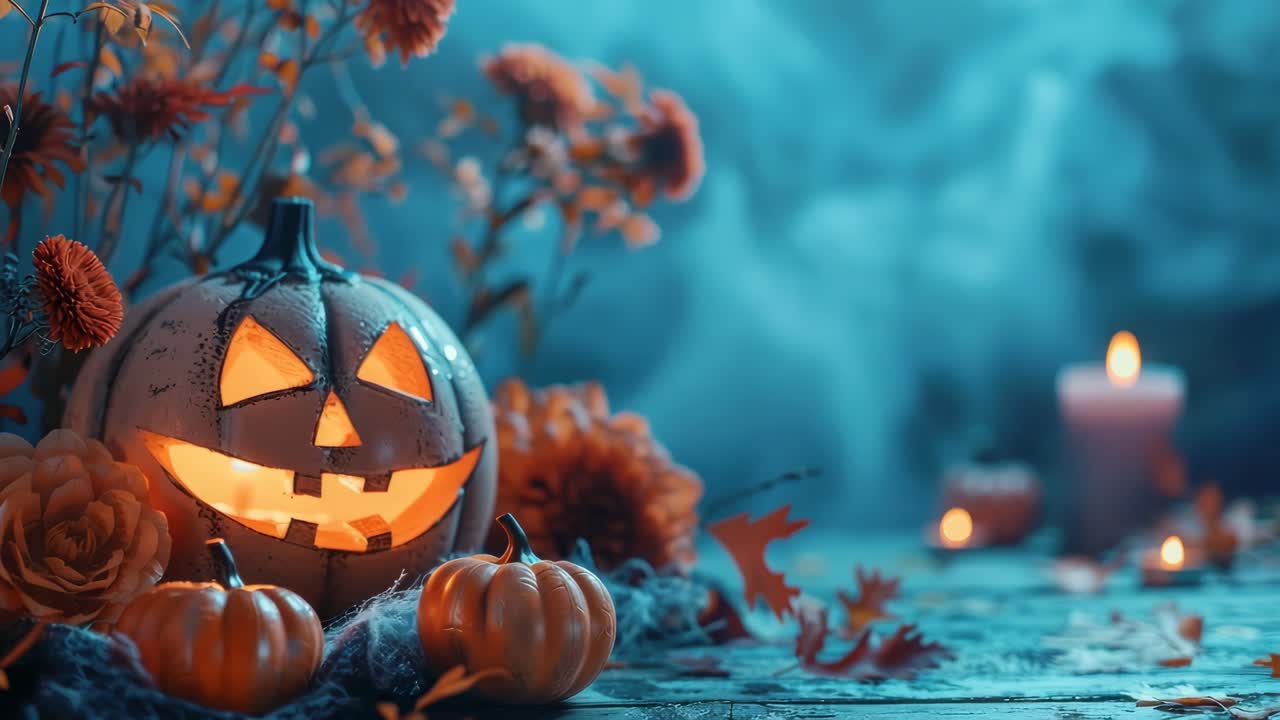 A spooky Halloween scene with carved pumpkins and autumn leaves