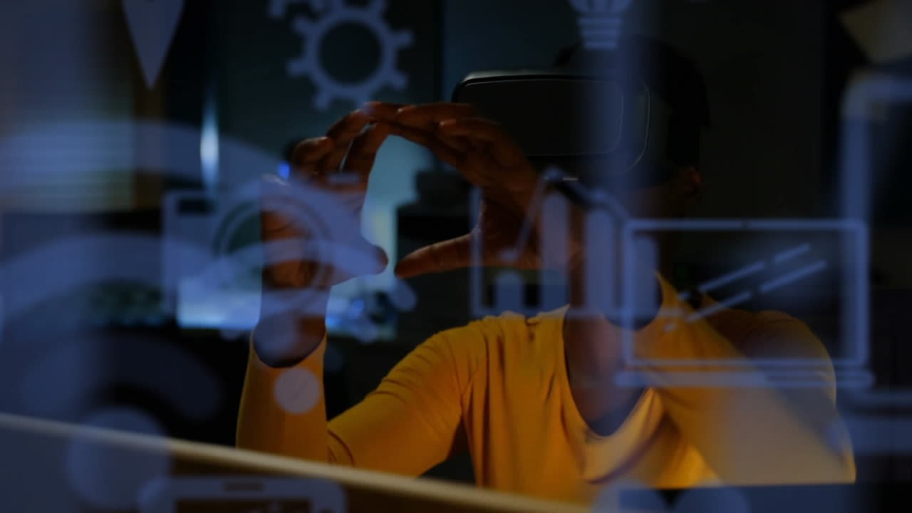 Blue digital icons floating against african american businesswoman wearing vr headset at home
