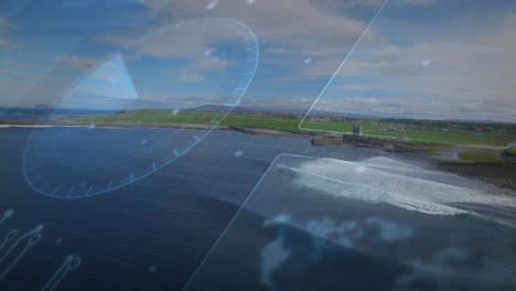 coastal landscape being rendered in 3d animation, showing castle pier, breaking waves, hud grid
