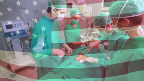 Animation-of-flag-of-usa-waving-over-surgeons-in-operating-theatre