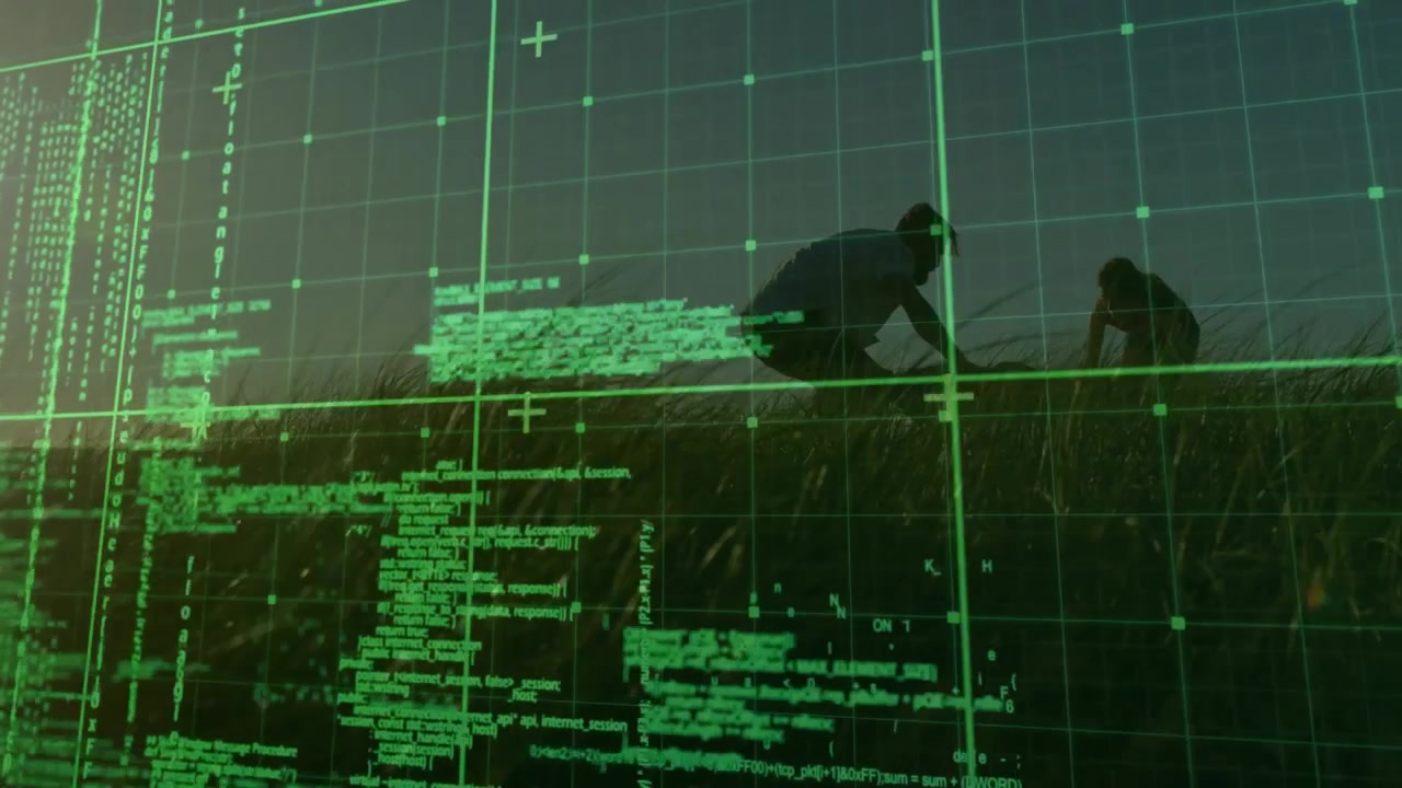 Couple crouching on grassy hill activating technology overlay while scanning horizon for insights