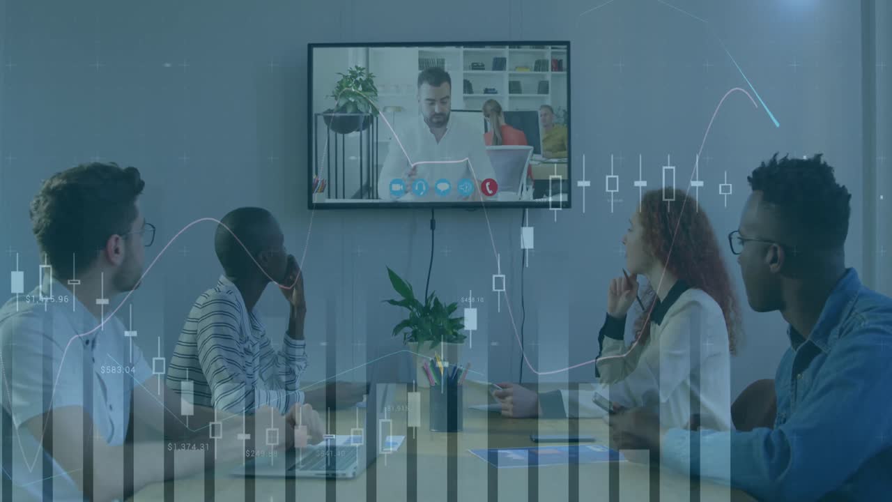 다양한 관리자가 동료들과 비디오 통화를 통해 논의하는 여러 그래프의 애니메이션