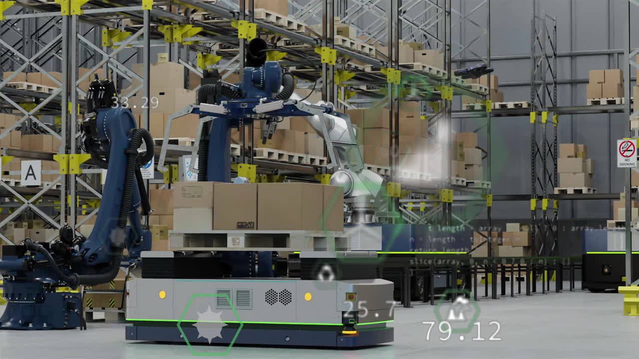 Animation of data processing and ecology icons over warehouse