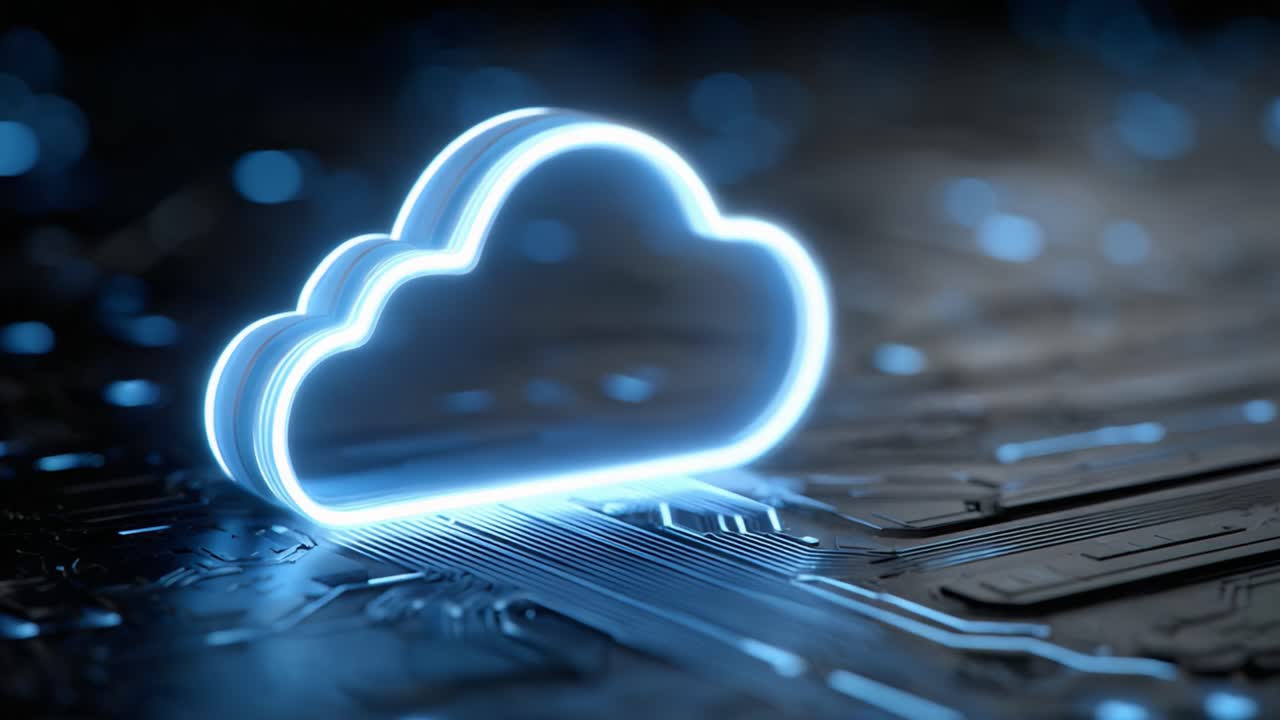 Un'icona a forma di nuvola incandescente su uno sfondo scuro di un circuito stampato, che rappresenta l'archiviazione digitale e la tecnologia di cloud computing