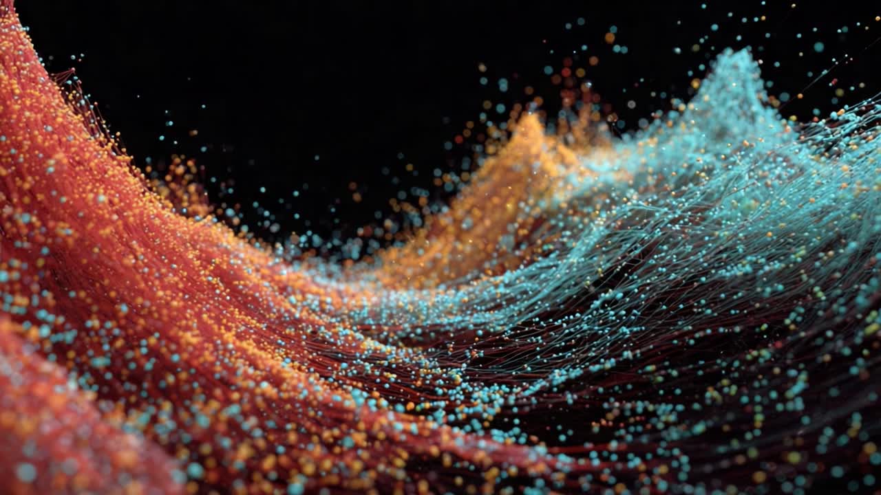Vibrant Flow of Particles: A Mesmerizing Display of Colorful Waves Intertwining in Motion, Capturing the Dynamic Beauty of Light and Colorful Transitions