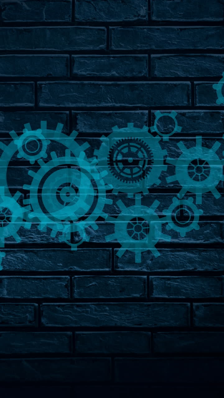 animazione di ingranaggi blu che si muovono sullo sfondo di mattoni navy