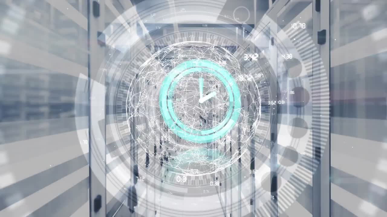 지구의 애니메이션, 빠르게 움직이는 시계 및 컴퓨터 서버를 통한 데이터 처리