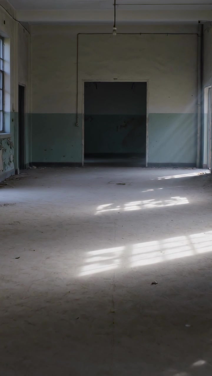 Vertical video: Sliding light via left windows across floor in empty room, showing doorway, bulb