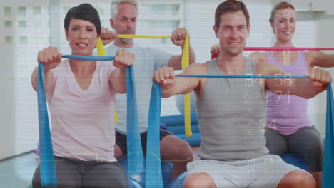 Exercise-data-animation-over-group-of-people-using-resistance-bands-in-fitness-class