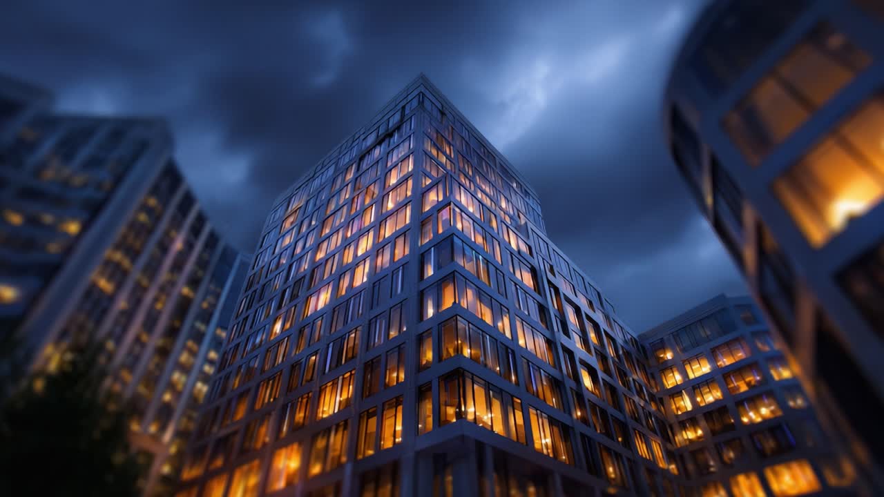 Architettura urbana dinamica catturata al crepuscolo, con splendide facciate in vetro e finestre illuminate sotto un cielo nuvoloso spettacolare