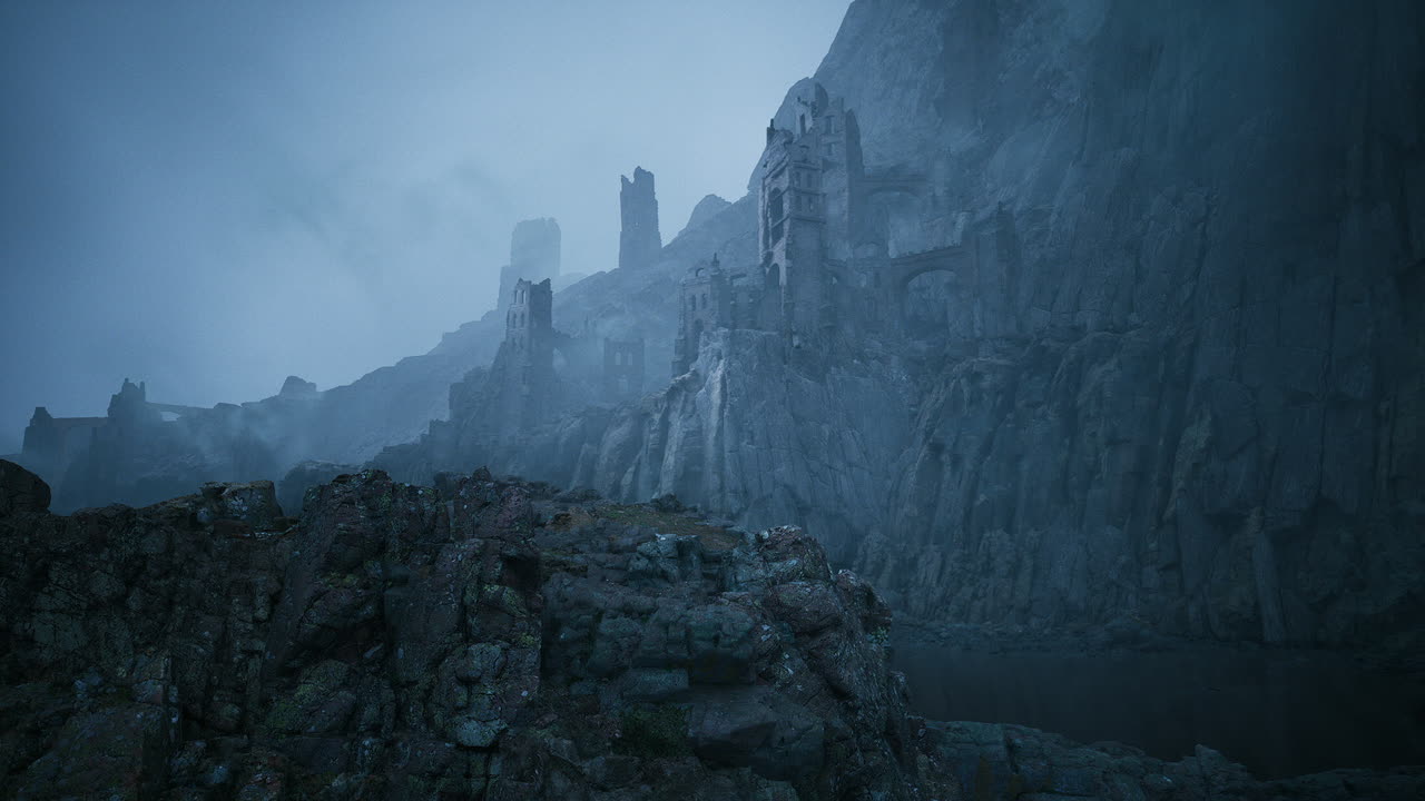 Dark ruins of an ancient castle shrouded in mist at twilight hour